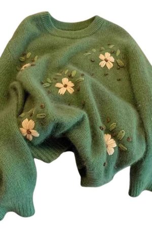 Casual Day Outfits, Easy Trendy Outfits Cottagecore Floral Embroidery Green Sweater