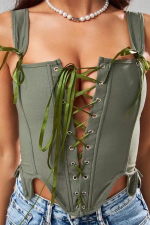 Casual Day Outfits, Easy Trendy Outfits Cottagecore Lace-Up Corset Top