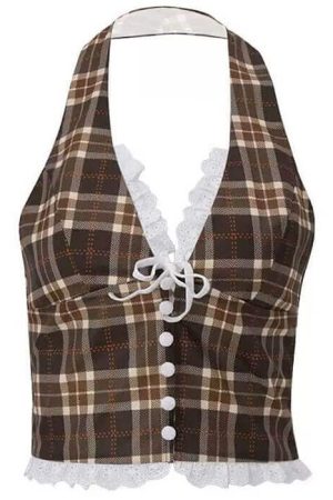 Casual Day Outfits, Easy Trendy Outfits Cottagecore Plaid Halter Top