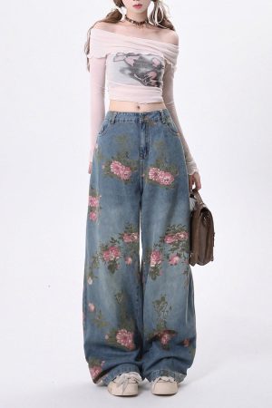 Casual Day Outfits, Easy Trendy Outfits Cottagecore Rose Print Wide Jeans