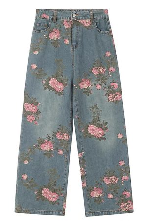 Casual Day Outfits, Easy Trendy Outfits Cottagecore Rose Print Wide Jeans