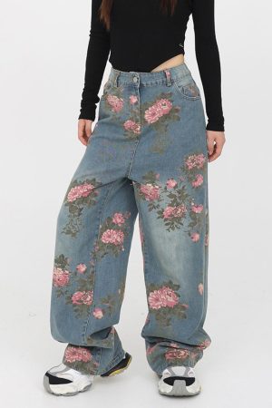 Casual Day Outfits, Easy Trendy Outfits Cottagecore Rose Print Wide Jeans
