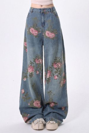 Casual Day Outfits, Easy Trendy Outfits Cottagecore Rose Print Wide Jeans