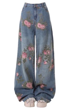 Casual Day Outfits, Easy Trendy Outfits Cottagecore Rose Print Wide Jeans