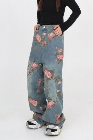 Casual Day Outfits, Easy Trendy Outfits Cottagecore Rose Print Wide Jeans