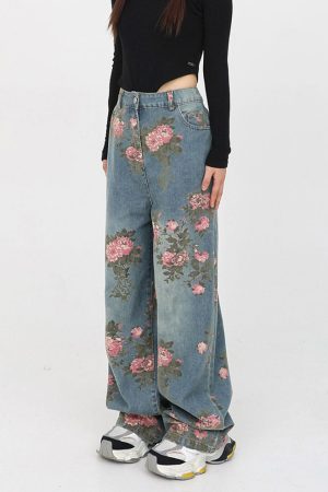 Casual Day Outfits, Easy Trendy Outfits Cottagecore Rose Print Wide Jeans