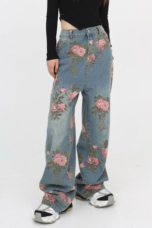 Casual Day Outfits, Easy Trendy Outfits Cottagecore Rose Print Wide Jeans