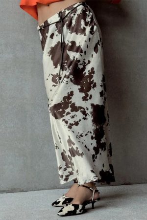 Casual Day Outfits, Easy Trendy Outfits Cow Print Satin Maxi Skirt
