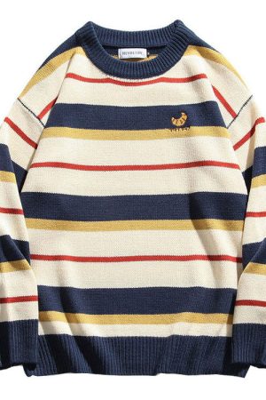 Casual Day Outfits, Easy Trendy Outfits Croissant Embridery Striped Pullover