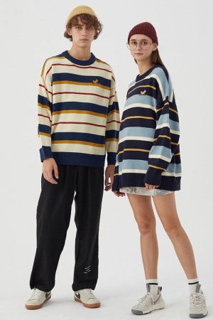 Casual Day Outfits, Easy Trendy Outfits Croissant Embridery Striped Pullover