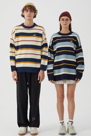 Casual Day Outfits, Easy Trendy Outfits Croissant Embridery Striped Pullover