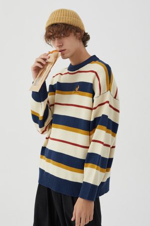 Casual Day Outfits, Easy Trendy Outfits Croissant Embridery Striped Pullover