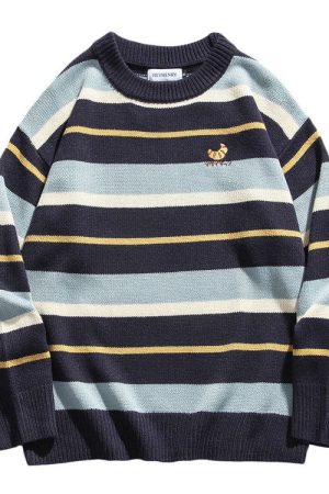 Casual Day Outfits, Easy Trendy Outfits Croissant Embridery Striped Pullover