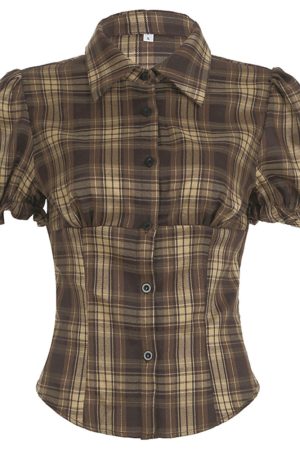 Casual Day Outfits, Easy Trendy Outfits Dark Academia Puff Sleeve Plaid Shirt