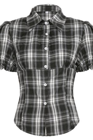 Casual Day Outfits, Easy Trendy Outfits Dark Academia Puff Sleeve Plaid Shirt