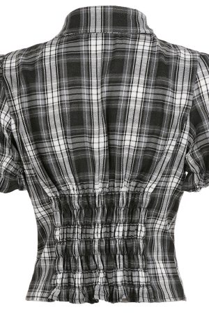 Casual Day Outfits, Easy Trendy Outfits Dark Academia Puff Sleeve Plaid Shirt