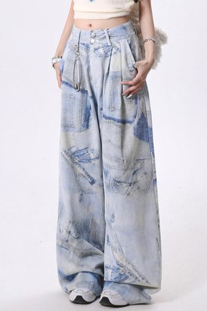 Casual Day Outfits, Easy Trendy Outfits Denim Effect Print Trousers