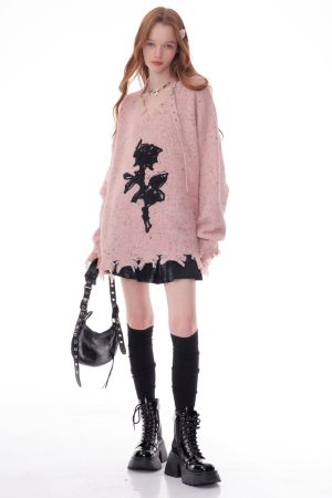 Casual Day Outfits, Easy Trendy Outfits Distressed Rose Print Sweater