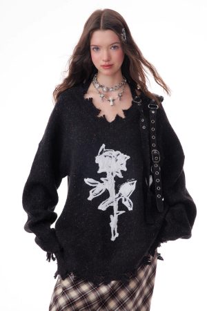 Casual Day Outfits, Easy Trendy Outfits Distressed Rose Print Sweater