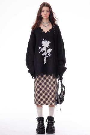 Casual Day Outfits, Easy Trendy Outfits Distressed Rose Print Sweater