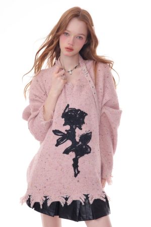 Casual Day Outfits, Easy Trendy Outfits Distressed Rose Print Sweater