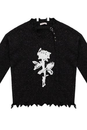 Casual Day Outfits, Easy Trendy Outfits Distressed Rose Print Sweater