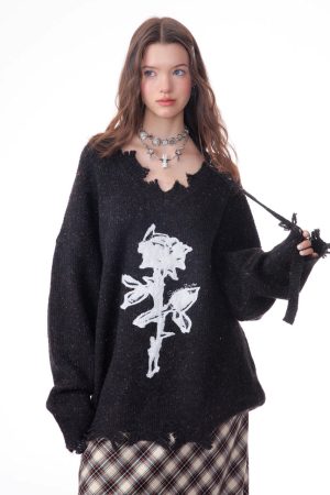 Casual Day Outfits, Easy Trendy Outfits Distressed Rose Print Sweater