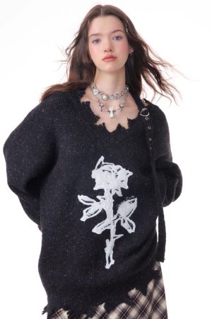 Casual Day Outfits, Easy Trendy Outfits Distressed Rose Print Sweater