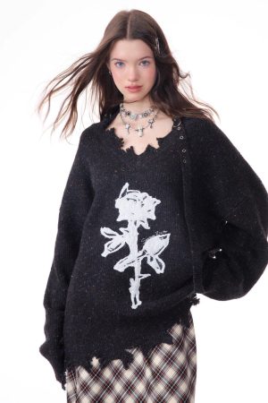 Casual Day Outfits, Easy Trendy Outfits Distressed Rose Print Sweater