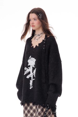 Casual Day Outfits, Easy Trendy Outfits Distressed Rose Print Sweater