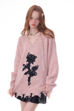 Casual Day Outfits, Easy Trendy Outfits Distressed Rose Print Sweater