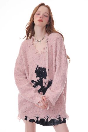 Casual Day Outfits, Easy Trendy Outfits Distressed Rose Print Sweater