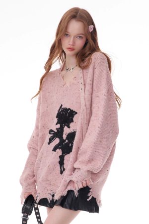 Casual Day Outfits, Easy Trendy Outfits Distressed Rose Print Sweater
