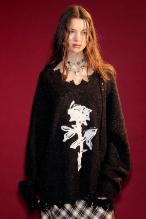 Casual Day Outfits, Easy Trendy Outfits Distressed Rose Print Sweater