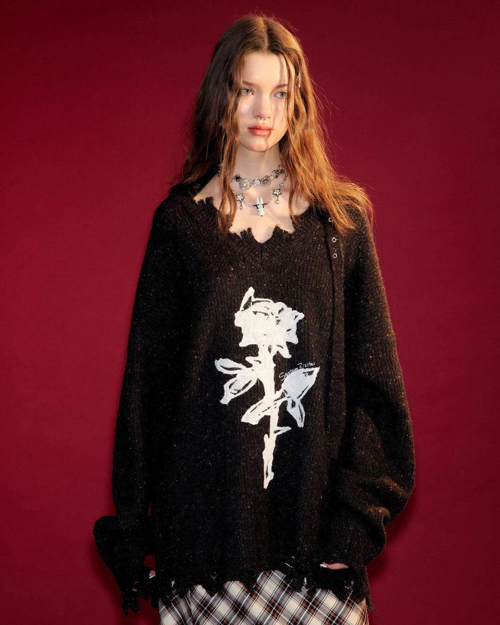 Casual Day Outfits, Easy Trendy Outfits Distressed Rose Print Sweater Casual Day Outfits, Easy Trendy Outfits Distressed Rose Print Sweater