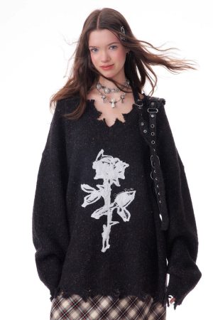 Casual Day Outfits, Easy Trendy Outfits Distressed Rose Print Sweater