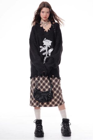 Casual Day Outfits, Easy Trendy Outfits Distressed Rose Print Sweater