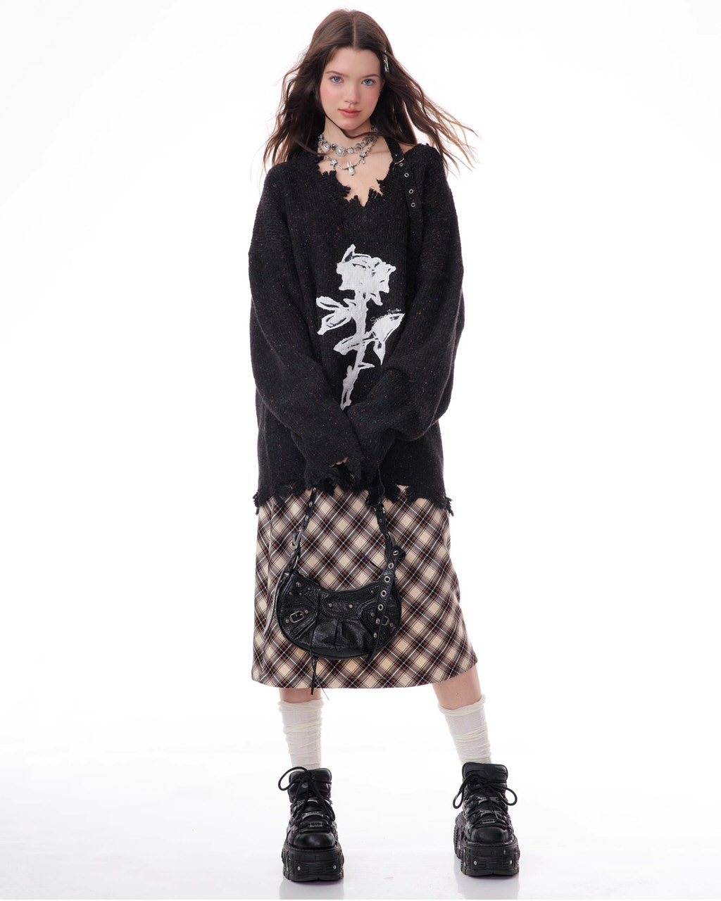 Casual Day Outfits, Easy Trendy Outfits Distressed Rose Print Sweater Casual Day Outfits, Easy Trendy Outfits Distressed Rose Print Sweater