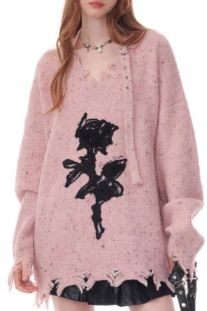 Casual Day Outfits, Easy Trendy Outfits Distressed Rose Print Sweater