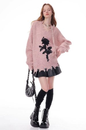 Casual Day Outfits, Easy Trendy Outfits Distressed Rose Print Sweater