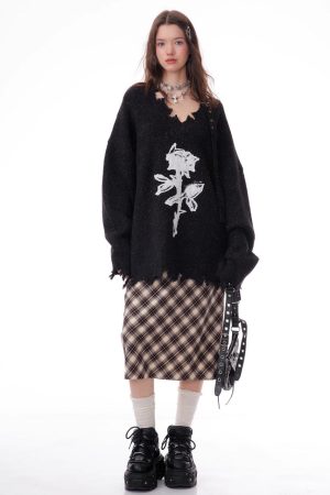 Casual Day Outfits, Easy Trendy Outfits Distressed Rose Print Sweater