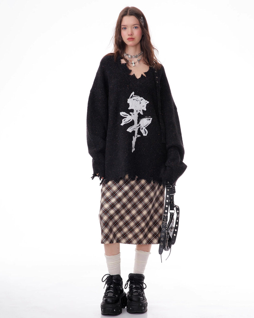 Casual Day Outfits, Easy Trendy Outfits Distressed Rose Print Sweater Casual Day Outfits, Easy Trendy Outfits Distressed Rose Print Sweater