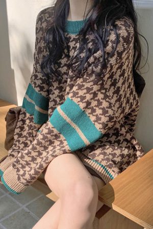 Casual Day Outfits, Easy Trendy Outfits Dogtooth Check Grandma Sweater