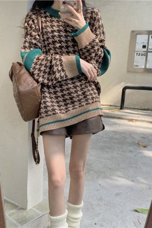 Casual Day Outfits, Easy Trendy Outfits Dogtooth Check Grandma Sweater