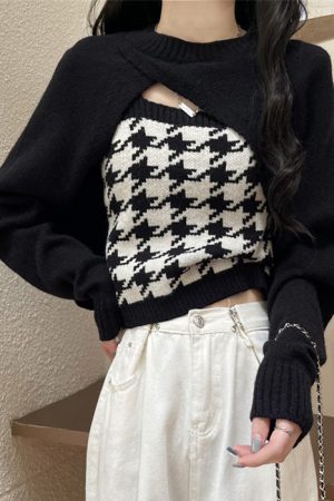 Casual Day Outfits, Easy Trendy Outfits Dogtooth Check Top & Sweater Co-Ord