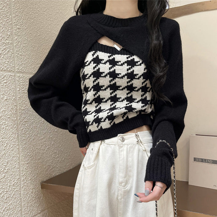 Casual Day Outfits, Easy Trendy Outfits Dogtooth Check Top & Sweater Co-Ord Casual Day Outfits, Easy Trendy Outfits Dogtooth Check Top & Sweater Co-Ord