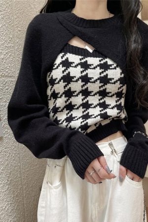 Casual Day Outfits, Easy Trendy Outfits Dogtooth Check Top & Sweater Co-Ord