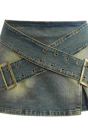 Casual Day Outfits, Easy Trendy Outfits Double Buckle Denim Mini Skirt