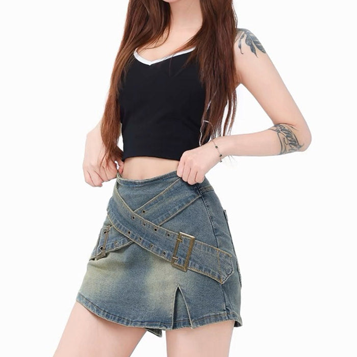 Casual Day Outfits, Easy Trendy Outfits Double Buckle Denim Mini Skirt Casual Day Outfits, Easy Trendy Outfits Double Buckle Denim Mini Skirt