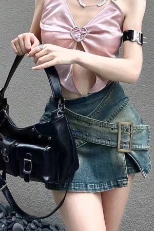 Casual Day Outfits, Easy Trendy Outfits Double Buckle Denim Mini Skirt